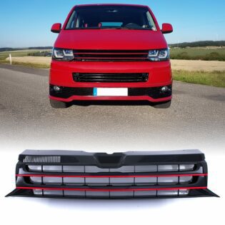 VW Transporter T5.1 09-15 Gloss Black Badgeless Front Bumper Grille Red Trim