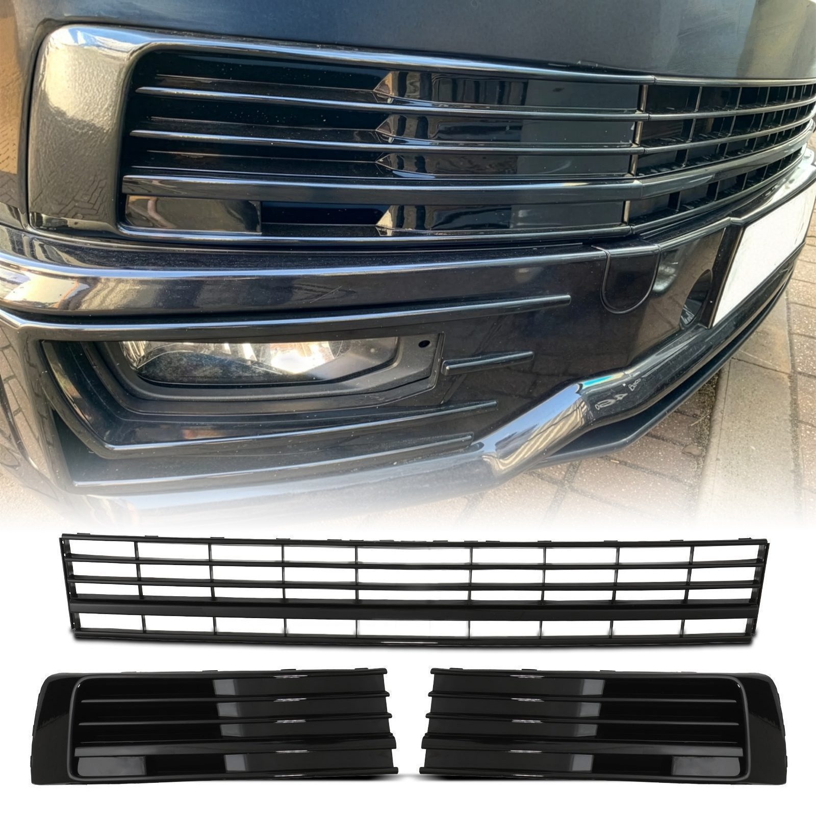 VW Transporter T6 16-19 Gloss Black Lower Grille Trim Set (Non-Parking Sensor Models)